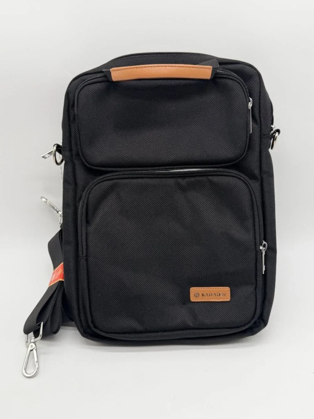 Kailaien Black Oxford Cloth Tablet Sleeve Bag with Contrasting Tan Handle